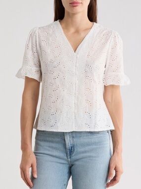 White Eyelet V-Neck Short Sleeve Blouse